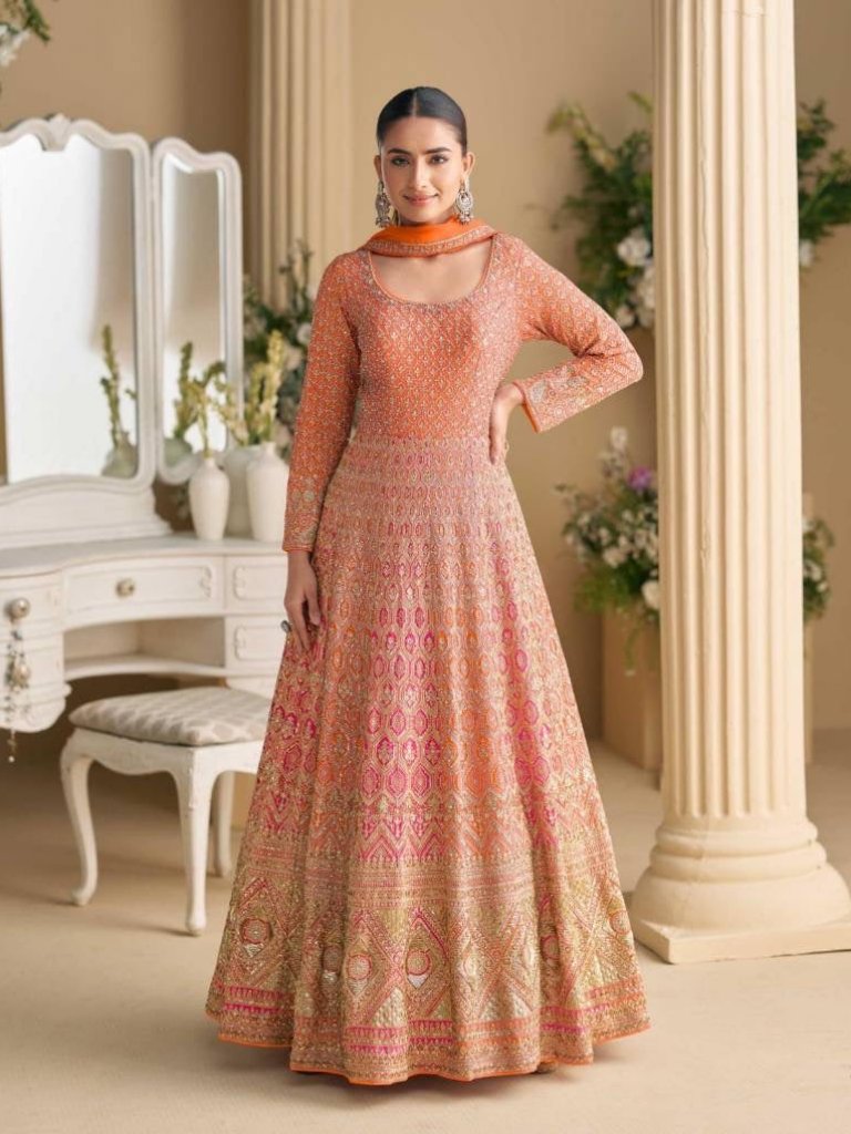 Georgette Embroidered Party Wear Gown, Cultural Wear For Women